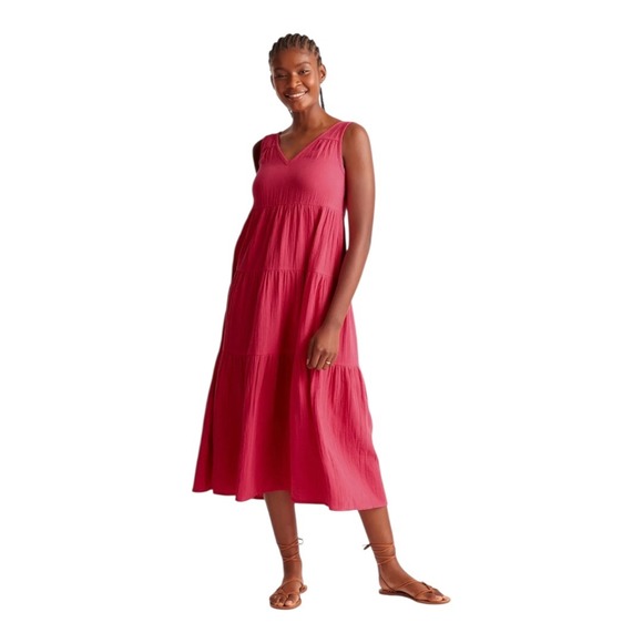 Quince Hot Pink Organic Cotton Gauze Tiered V-Neck Sleeveless Maxi Dress Medium - Picture 1 of 12